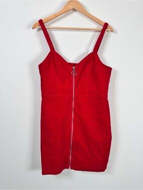 H&M Divided Red Zip Front Mini Dress Fitted Cotton Size 10 Y2K Bodycon